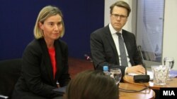 EU foreign policy chief Federica Mogherini (left) in Skopje, Macedonia, on March 2.