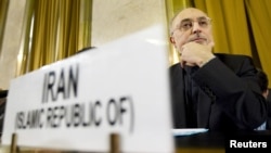 Iranian Foreign Minister Ali Akbar Salehi looks on before addressing the main UN Disarmament Conference on February 28, at the end of a two-day visit to the United Nations in Geneva.