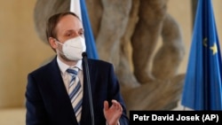 Czech Foreign Minister Jakub Kulhanek addresses the media at the Cernin Palace in Prague on April 21.