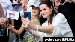 Svyatlana Tsikhanouskaya on the campaign trail in the western Belarusian city of Hrodna on August 1.