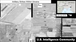 The U.S. State Department on July 27 issued satellite images that it says clearly indicate artillery strikes on Ukrainian military positions in eastern Ukraine were fired from across the border in Russian territory. The dates on the image are as recent as July 25-26. The captions accompanying these photos are text issued by the office of the U.S. Director of National Intelligence.