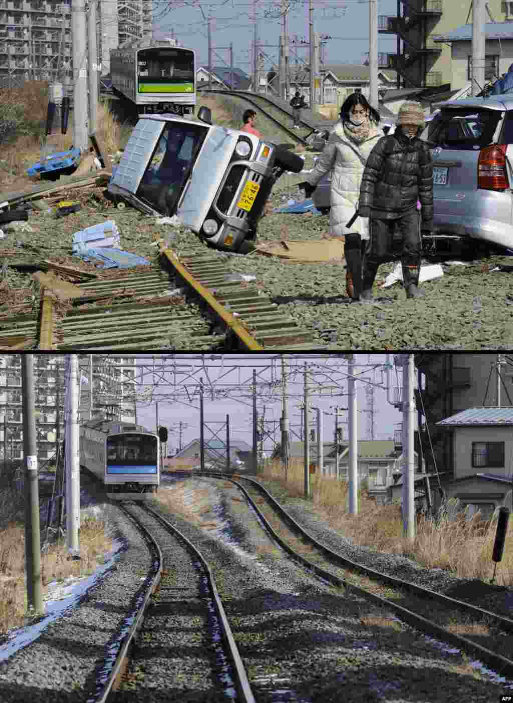 On top, &nbsp;people walking on train tracks littered with cars in Tagajo, Miyagi Prefecture, on March 13, 2011, and below, the same area on January 12, 2012