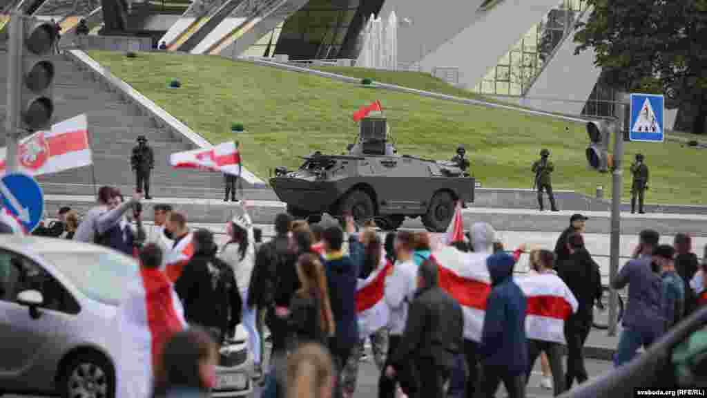 Military equipment is seen on the streets of Minsk during the protest. Participants of the march shouted &quot;Long live Belarus!&quot; over it.