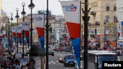 Banners for the G20 Summit hang on Nevsky Avenue in central St. Petersburg in anticipation of next month's gathering.