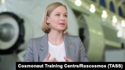 Actress Yulia Peresild speaks at the Cosmonaut Training Center in Star City, near Moscow, on May 13.