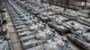 Dozens of German-made Leopard 1 tanks are seen in a hangar in Tournais, Belgium, earlier this year.