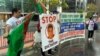 Turkmen activists hold a protest against the regime of President Gurbanguly Berdimukhammedov in New York last month.