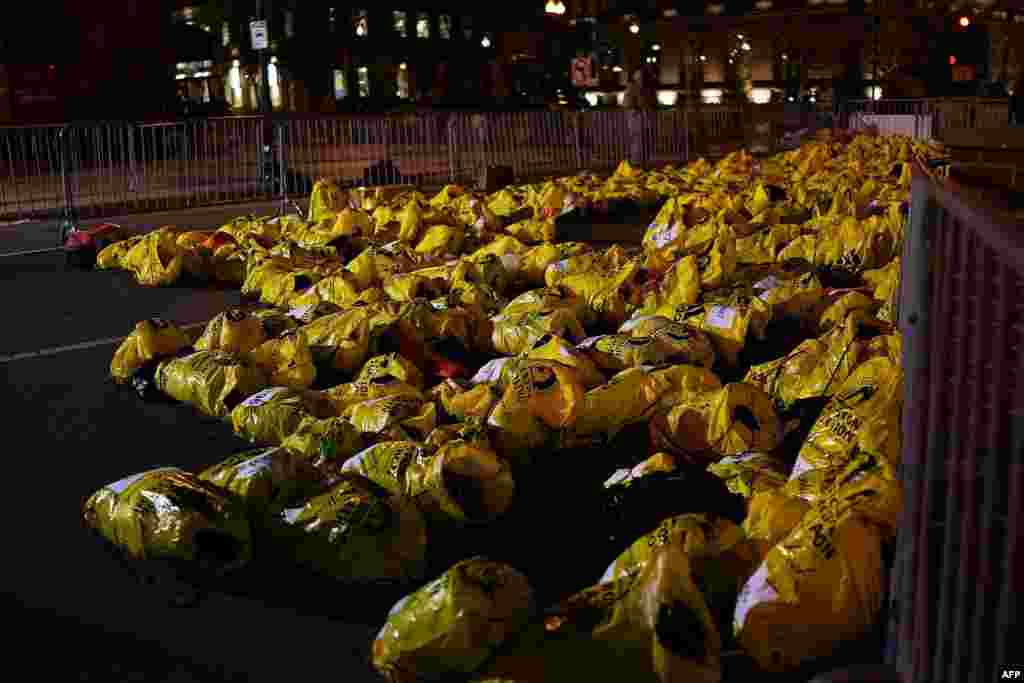 Unclaimed finish-line bags are left near the scene of the twin bombings.&nbsp;