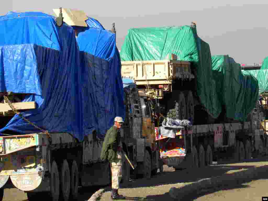 Pakistani trucks carrying NATO supplies to Afghanistan await clearance at Chaman on the Pakistani border with Afghanistan in 2009.