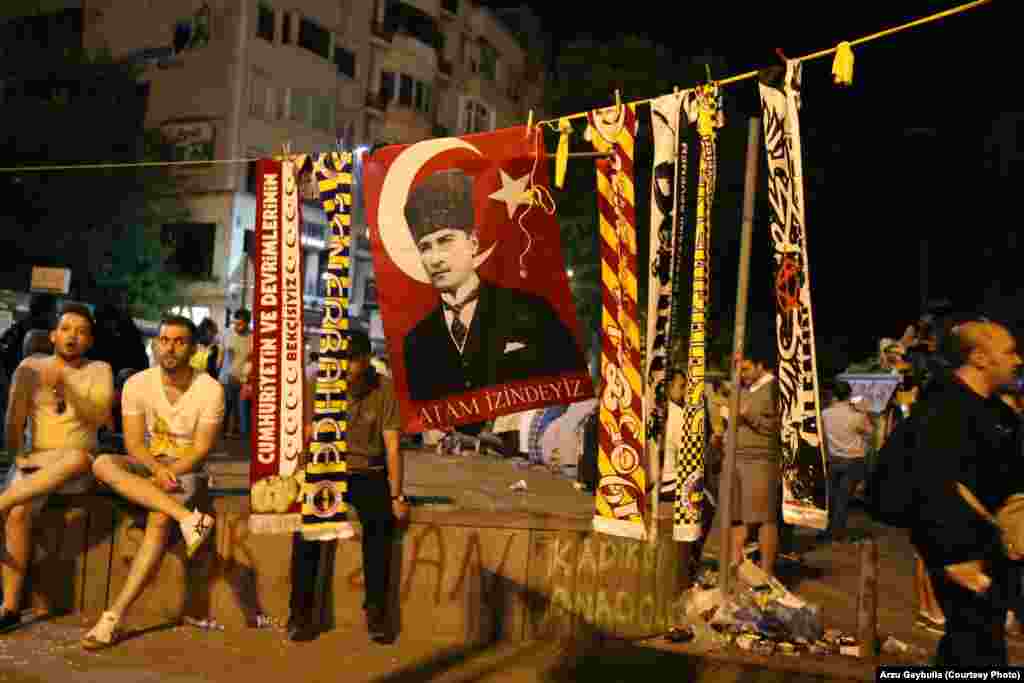 Scarves of Turkey&rsquo;s football teams surround a flag with the image of Mustafa Kemal Ataturk, the founder of modern Turkey.