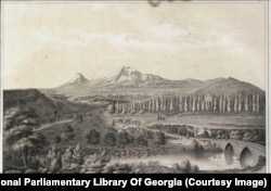 A view from Yerevan’s fortress toward the Ararat Plain and the distant Mount Ararat. Today a brandy factory stands in place of the ruined fortress where Dubois stood to sketch this landscape.