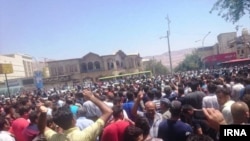 A screen grab from an amateur video that appears to show protests in Shiraz on August 2 as unrest spreads across Iran amid a deepening economic crisis in the country.