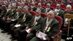 Wearing their traditional costumes (and beards) Turkmen elders listen to Turkmen President Gurbanguly Berdymukhammedov during a meeting in Dashoguz. (file photo)