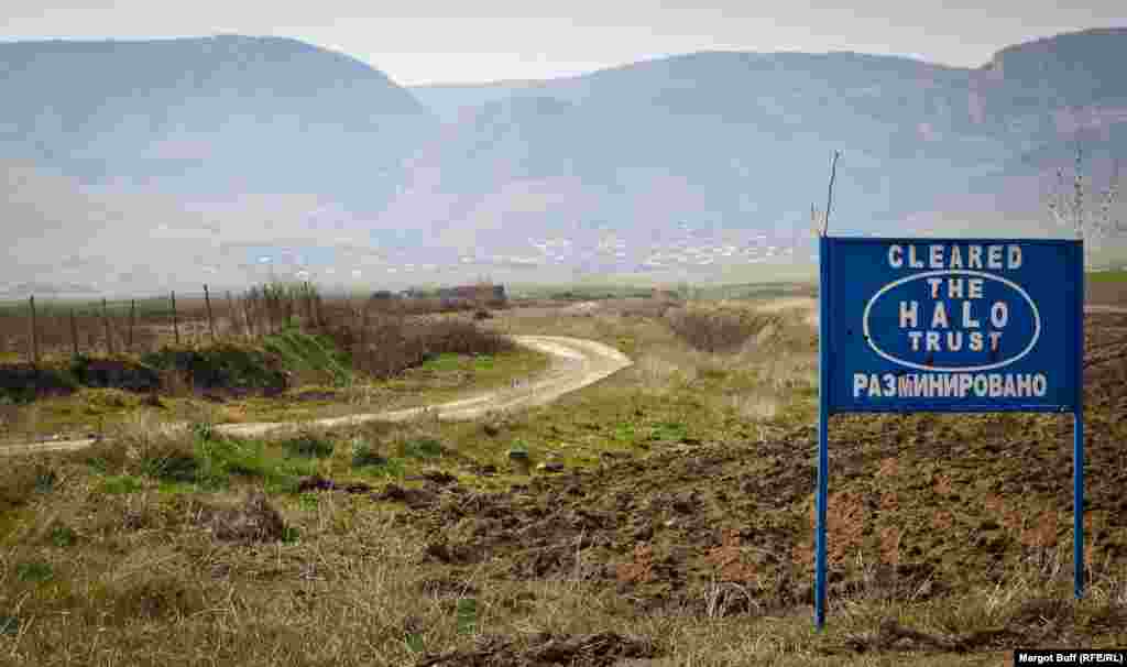 North of Stepanakert, a sign marks an area that has been cleared of land mines by a U.K.-based organization.