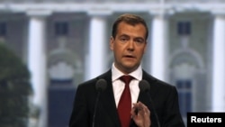 Russia's President Dmitry Medvedev delivers a speech during the St. Petersburg International Economic Forum