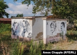 A public toilet in Staro Zhelezare featuring Princess Diana and a defaced portrait of former German Chancellor Angela Merkel, alongside local people.