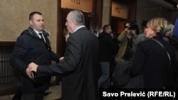 Democratic Front Milan Knezevic and Andrija Mandic in front of the Assembly of Montenegro 