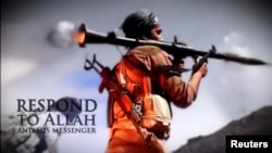 A militant fires an RPG in this still image taken from an IS recruitment video that was uploaded to social media websites in June. Russia is blocking the work of Western IS analysts due to the presence of such videos on their blogs.