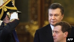 Ukrainian President Viktor Yanukovych with Russian President Dmitry Medvedev at the Kremlin in Moscow in early May