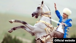 Turkmen President Gurbanguly Berdymukhammedov astride one of his trusty steeds. 