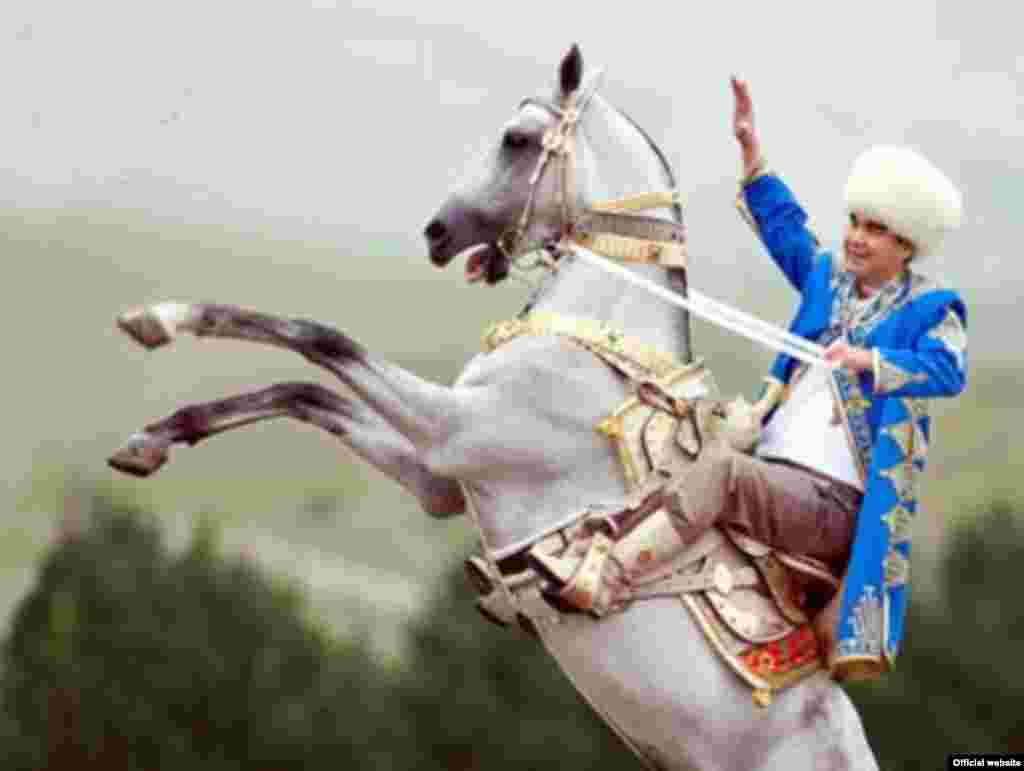 No Turkmen presidency is complete without a photo on a horse. Here, Berdymukhammedov is pictured&nbsp;astride a white Akhal-teke stallion. Other&nbsp;equestrian portraits up the ante by adding a&nbsp;white dove landing on the president&#39;s shoulder.