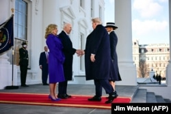 US President Joe Biden and First Lady Jill Biden greet President-elect Donald Trump and Melania Trump