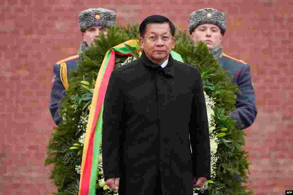 The leader of Burma's military junta, Min Aung Hlaing, attends a wreath-laying ceremony at the Tomb of the Unknown Soldier in Moscow while on a visit to the Russian capital on March 4. 