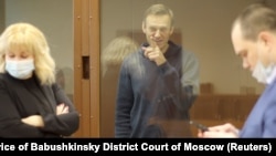 Aleksei Navalny appears in a Moscow courtroom on February 16.