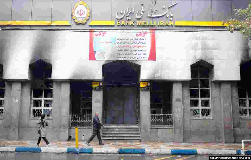 A branch of the Iranian national bank in Shahriar that was burned during the protests.&nbsp;Iran&#39;s government blamed the unrest on a &quot;plot&quot; from some of Tehran&#39;s foreign foes: Saudi Arabia, Israel, and the United States.