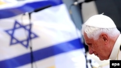 Pope Benedict upon his arrival at Tel Aviv's Ben Gurion International Airport.