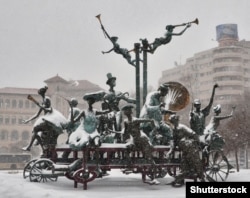 A 2010 monument called Cartful Of Clowns stands in front of Bucharest's National Theater. The massive ensemble is inspired by the work of Romanian playwright Ion Luca Caragiale.