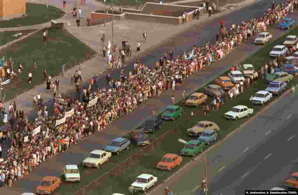 On August 23, 1989, an estimated 2 million people joined arms across Lithuania, Latvia, and Estonia in a protest against Soviet rule that became known as the &quot;Baltic Way&quot; or &quot;Baltic Chain.&quot; In Vilnius (pictured), participation in the human chain was preceded by pro-independence rallies.