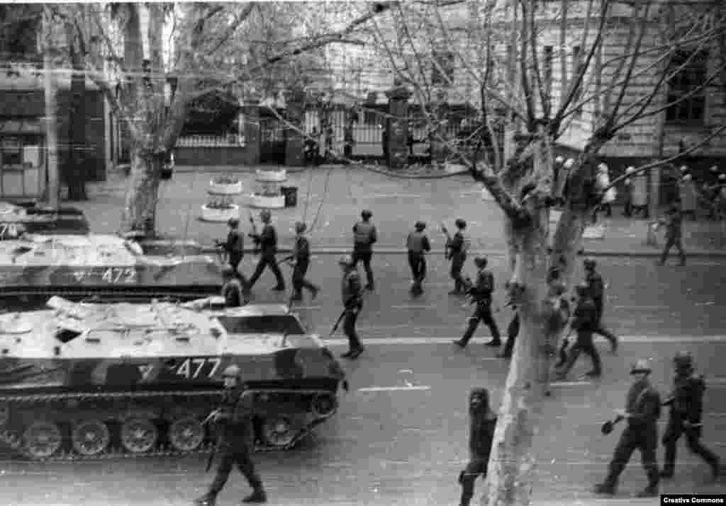 April 1989: The Tbilisi tragedy. Soviet troops attack pro-independence demonstrators with nerve gas and shovels. The crackdown claims the lives of 20 people, including a 16-year-old girl who is beaten to death. The year continues disastrously for the U.S.S.R. as Soviet-imposed communist regimes in Poland, Hungary, East Germany, Bulgaria, Romania, and Czechoslovakia come crashing down.