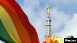  A rainbow flag on Zagreb's central square ahead of the rally