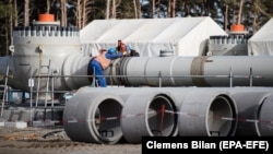 A construction site of the Nord Stream 2 pipeline in Lubmin, Germany, in March