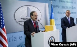 Eliot Engel holds a joint press conference with then-Kosovar Prime Minister Ramush Haradinaj in Pristina in November 2017.