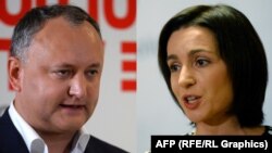 The two main candidates in Moldova's upcoming presidential election: current incumbent Igor Dodon (right) and formr Prime Minister Maia Sandu (composite file photo)