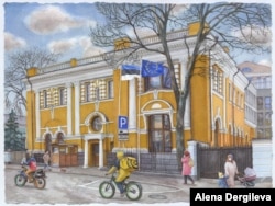 Masked pedestrians and two-wheel travelers pass in front of the Estonian Embassy.