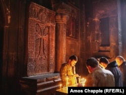 A khachkar inside the Geghard monastery, near Yerevan.