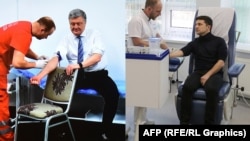 Presidential candidates Petro Poroshenko (left) and Volodymyr Zelenskiy undergo blood tests on April 5.