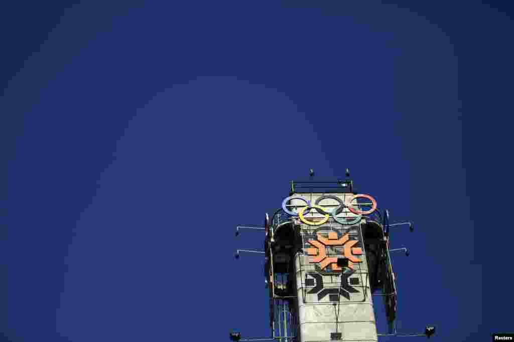 The logo of the 1984 Winter Olympics in Sarajevo is seen on a tower near Zetra Hall.