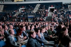 A meeting of the Hi-Tech Nation business forum that took place in Minsk in April 2018. Scores of chief executives from Belarus’s leading tech companies and leading investors say they will take their business elsewhere unless Lukashenka holds a new election and ends the police violence.