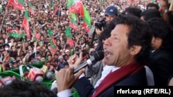 Imran Khan speaks to supporters during a rally in Koita on April 20.