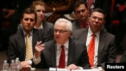 Russian Ambassador to the UN Vitaly Churkin speaks during a security council meeting on the crisis in Ukraine in March, at the UN headquarters in New York 