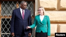 U.S. Secretary of Defense Lloyd Austin with his Czech counterpart, Jana Cernochova, in Prague on September 9.