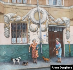 Two pensioners pause to chat on Moscow's famous Arbat Street.