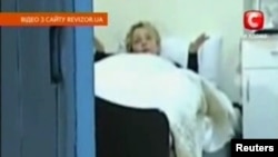 A video grab shows jailed opposition leader Yulia Tymoshenko in a cell in prison in Kyiv.