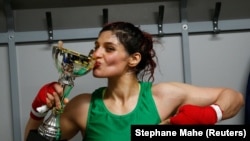 The move comes just over a year after Sadaf Khadem became the first Iranian woman to compete in an official boxing match. She now trains in France. (file photo)