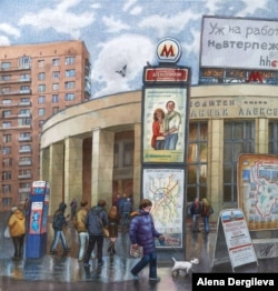 Moscow’s bustling Alekseyevskaya subway station on a wet autumn day