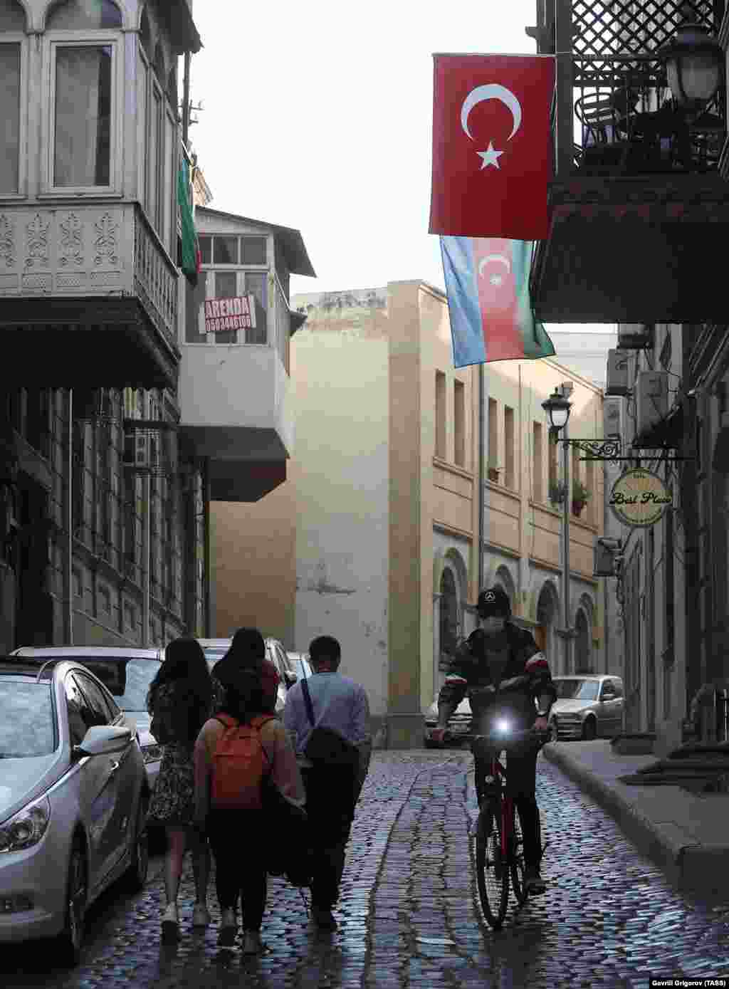 Turkish and Azerbaijani flags hang over the street in central Baku on October 23. Turkey and Azerbaijan share strong cultural and historical ties.&nbsp;